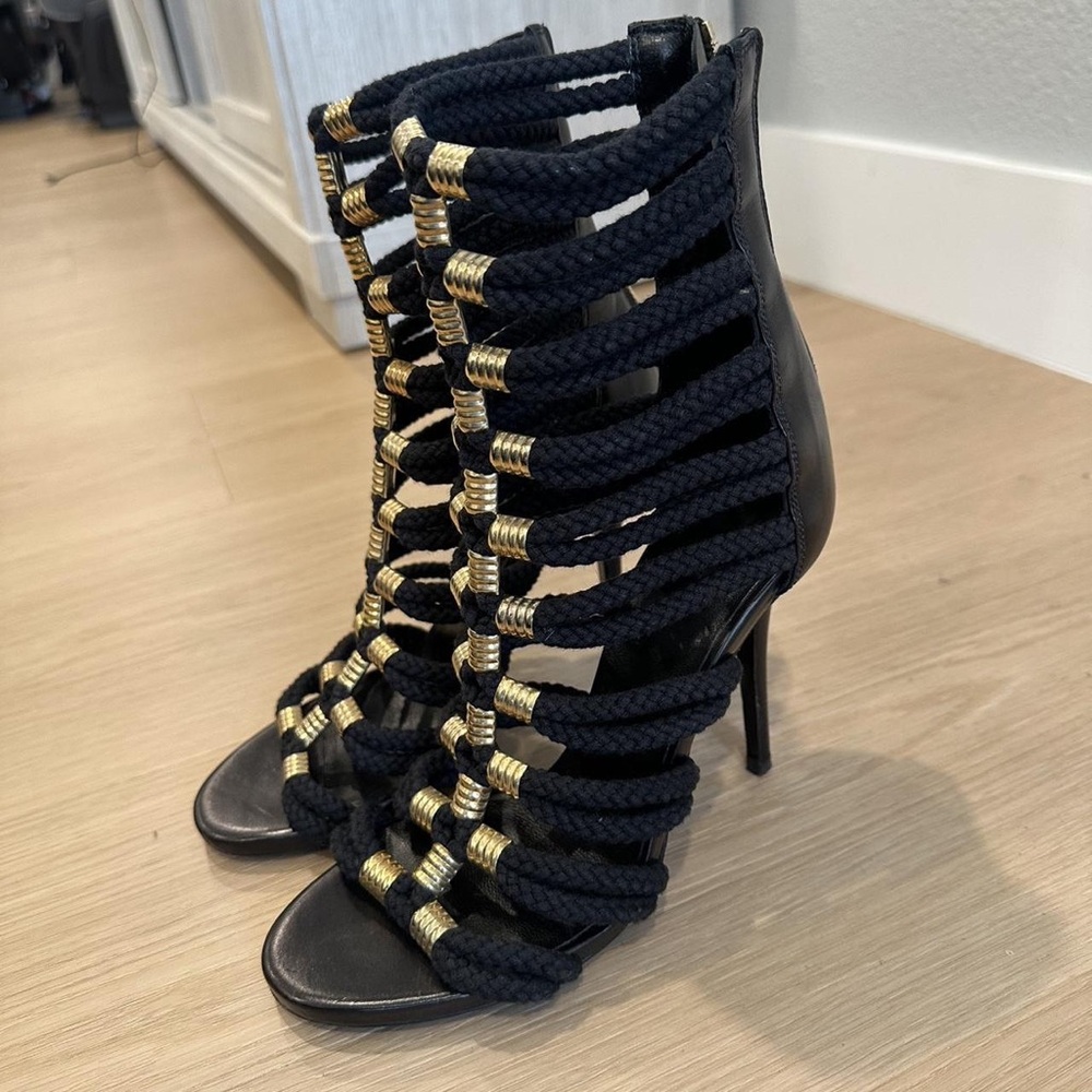 Balmain Black and Gold Strappy Heels